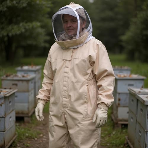 Full Body Beekeeping Suit, XXL Khaki, Thickened Protective Beekeeper Suit with Gloves for Men