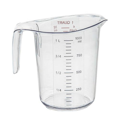Restaurantware RW Base 1 Quart Measuring Jar 1 Durable Measuring Beaker - Metric And Imperial Units V-Shaped Spout Clear Plastic Measuring Cup Handle With Thumb-Grip Tolerates Up To 248F - color: Clear, size: 6.50" × 4.75" × 6.00"