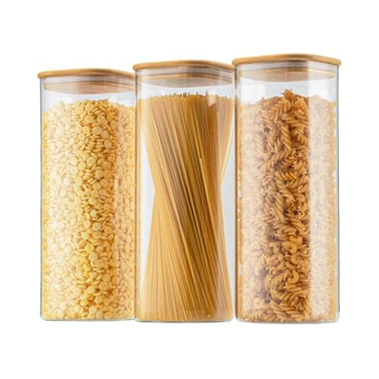 D2scrma 71oz Glass Square Storage Containers with Bamboo Lids Set of 3 (2100ml) Tall Food Storage Canisters Kitchen Jars for Pantry Organization Pasta, Penne, Macaroni, Lasagna, Fusilli - size: 71oz*3