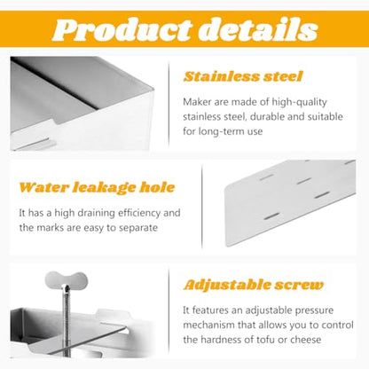 Tofu Press Stainless Steel with Tofu Presser Towel and Drip Tray for Homemade Tofu, DIY Paneer Maker Vegan Cheese Press Kitchen Tool with Adjustable Pressure