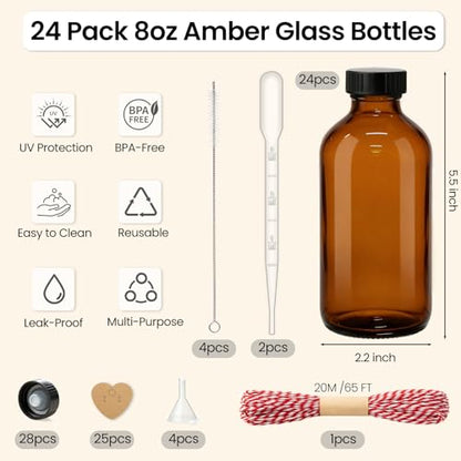 TBWIND 24 Pack 8oz Amber Glass Boston Round Bottles with Airtight Caps | Designed for Homemade Vanilla Extract, Tinctures, Juice, Syrups, Kombucha & Herbal Liquids with Droppers, Labels & Funnels - size: 8oz
