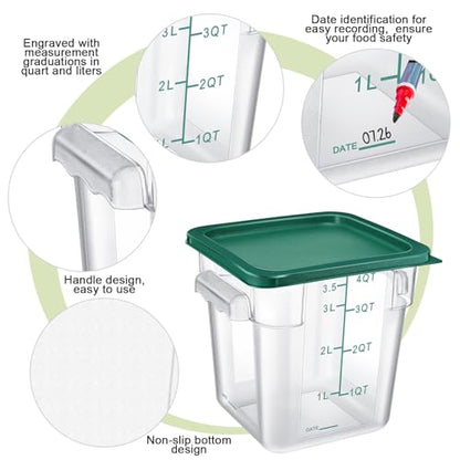 Maxcheck 4 Pcs 4qt Food Storage Container with Lids Bulk Clear Plastic Commercial Food Storage Bins with Scale Handle Space Saving Restaurant Tubs for Kitchen Prep Proof Dough(Green) - color: Green