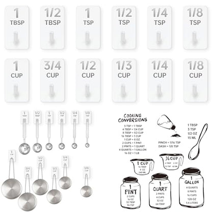 Measuring Cup and Spoon Organizer, 12 Pack Adhesive White Stainless Steel Hooks for Hanging with 6 Kitchen Conversion Chart Stickers, Kitchen Hooks for Space Saving Storage - style: 12 Pcs White Stainless Steel Hooks with Stickers