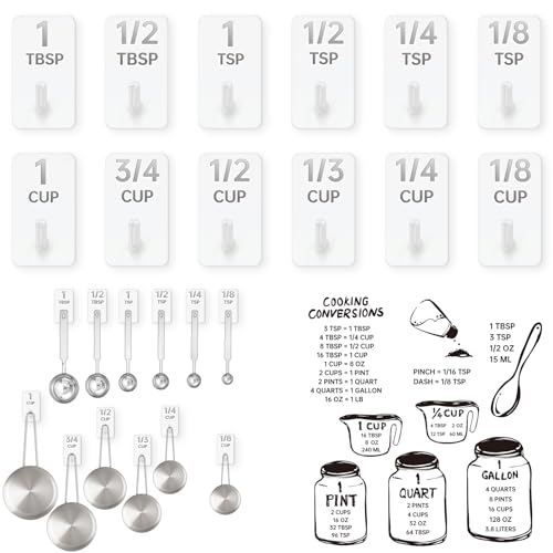Measuring Cup and Spoon Organizer, 12 Pack Adhesive White Stainless Steel Hooks for Hanging with 6 Kitchen Conversion Chart Stickers, Kitchen Hooks for Space Saving Storage - style: 12 Pcs White Stainless Steel Hooks with Stickers