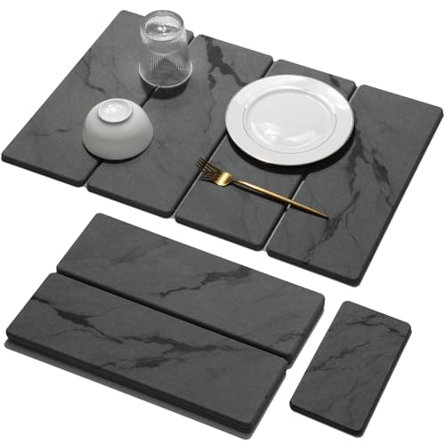 Large Stone Dish Drying Mat for Kitchen Counter, 2 PCS Quick Dry Stone Mats, Foldable Water Absorbing Diatomaceous Earth Drying Dishes Pad for Countertop Bottles Utensils Cup(Dark gray 24"x16"&8"x4") - color: Dark gray 2, size: 24" x 16"