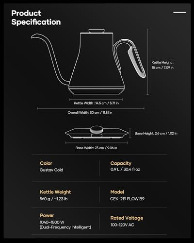 Cocinare Gooseneck Electric Kettle, ±1°F Precise Temperature Control, 1500W Fast Heating, Pour Over Coffee & Tea Kettle with Brew Timer & Keep Warm, Stainless Steel, 0.9L (Gustav Gold) - color: Gustav Gold