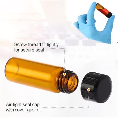 10ML Glass Sample Vial,Amber Borosilicate Glass Liquid Sampling Sample Glass Thread Bottles,22 * 52mm,18-400 Black Screw Caps with PE Liners, pack of 100. - size: 10ML