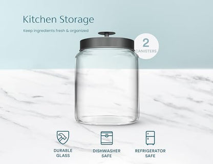 KooK Glass Kitchen Canister Set, Food & Storage Containers for Pantry, Bathroom Apothecary Jars, Tinplate Lids, Counter Organizers, 0.74 Gallon, Black, Set of 2 - color: Medium, Black Lid