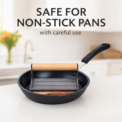 HIC Kitchen Bacon Press, Heavyweight Cast Iron, Rectangular With Wood Handle, For Stovetop Grill And Griddle - size: 6.75 x 4 x 3.25 inches, style: Rectangle
