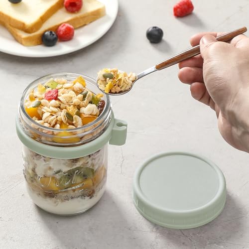 6 Pack Overnight Oats Containers with Lids and Spoons, 16 oz Glass Mason Overnight Oats Jars, Large Capacity Airtight Jars for Milk, Cereal, Fruit(Green) - color: Green