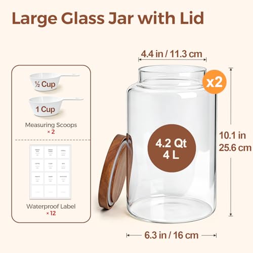 ComSaf 2Pcs (4.2Qt/1Gal) Wide-Mouth Flour Sugar Storage Containers - Include Scoops & Labels, Easy to Scoop & Airtight, Large Glass Jar for Bakers to Store Flour, Rice, and Dry Goods in Kitchen Pantry - size: 4.2Qt*2