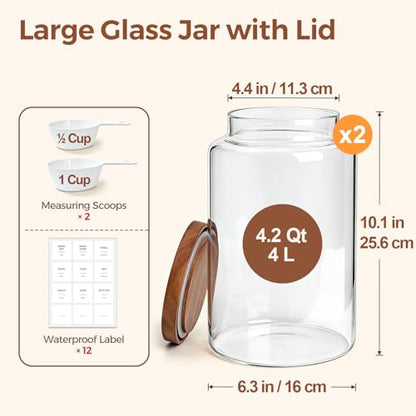 ComSaf 2Pcs (4.2Qt/1Gal) Wide-Mouth Flour Sugar Storage Containers - Include Scoops & Labels, Easy to Scoop & Airtight, Large Glass Jar for Bakers to Store Flour, Rice, and Dry Goods in Kitchen Pantry - size: 4.2Qt*2