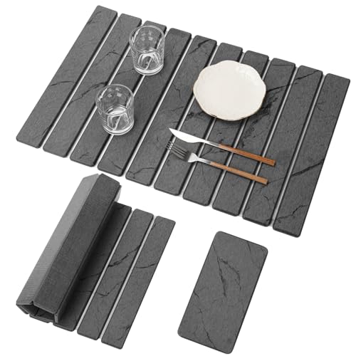 2 PCS Large Stone Dish Drying Mat for Kitchen Counter, Marbled Quick Dry Stone Dish Mats, Diatomaceous Earth Drying Pad, Foldable and Super Absorbent Dish Drying Stone Mat (Dark Gray 24"×16" & 8"×4") - color: Dark Gray Marble, size: 23.2" x 15.4"