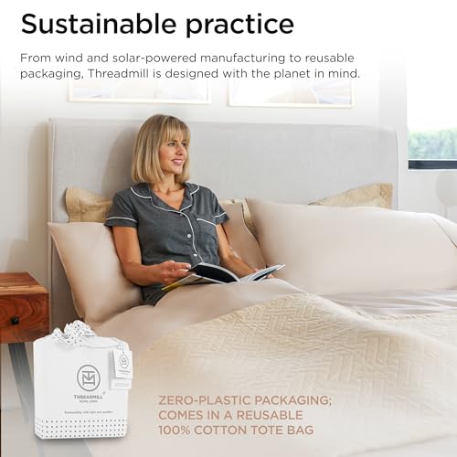 Threadmill 100% Cotton Sheets for Queen Size Bed - 600 Thread Count Queen Bed Sheets Set with 16” Deep Pocket - Sateen Weave 4-Piece Bedding Set with Cooling Effect, Beige - color: Light Beige Solid, size: Queen