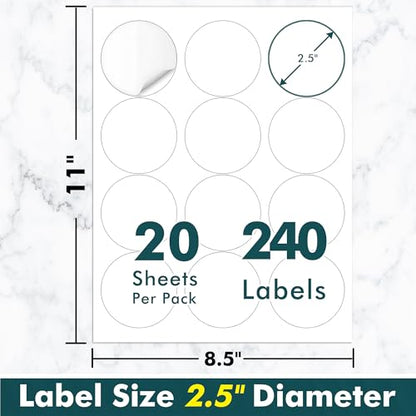 Koala Round Labels 2.5 Inch, Matte Waterproof Printable Circle Stickers for Inkjet and Laser Printer, 240 Circle Labels for Brand Logo, Bottle, Jar