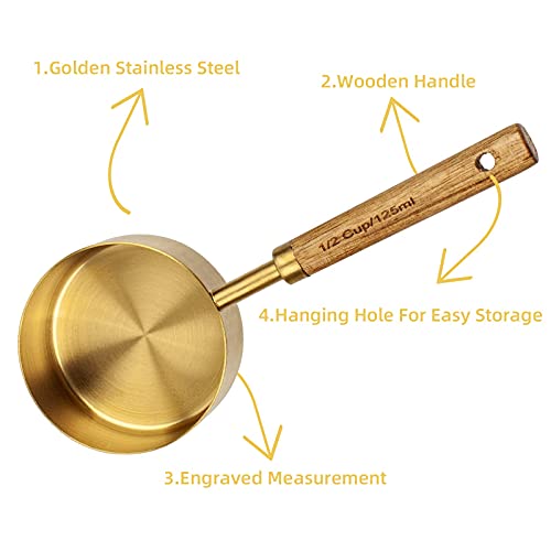 Measuring Cups and Spoons Set of 8, Golden Stainless Steel Measuring Cup with Wooden Handle, Kitchen/Food/Liquid/Baking (gold) - color: Gold
