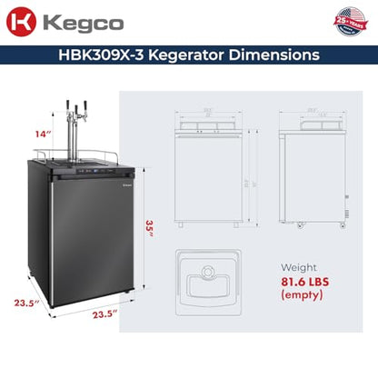 Kegco HBK309X-3 Keg Dispenser, 3 faucet without kegs Black Stainless Steel - color: Black Stainless Steel, size: 3 Tap
