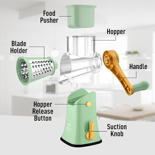 Zulay Kitchen Rotary Cheese Grater 5 Blade Cheese Shredder - Manual Hand Crank Cheese Grater With Reinforced Suction & 5 Interchangeable Drums - Easy to Use, Vegetable Chopper Round Mandoline Slicer - color: Sea Foam & Gold