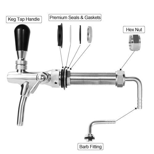 Flow Control Beer Faucet Adjustable Long Shank Keg Tap, Draft Beer Tap Faucet with 5/16'' Barbed Fitting Stainless Steel Core Brass Body Adjustable Beer Keg Tap for Homebrew