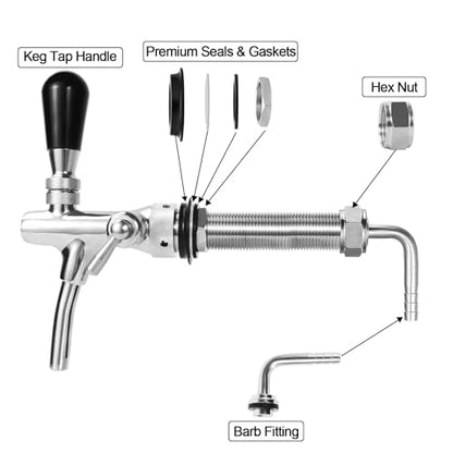 Flow Control Beer Faucet Adjustable Long Shank Keg Tap, Draft Beer Tap Faucet with 5/16'' Barbed Fitting Stainless Steel Core Brass Body Adjustable Beer Keg Tap for Homebrew