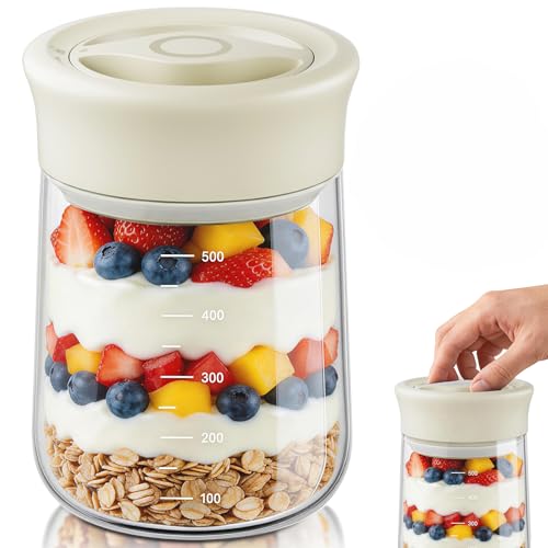 OURCABECUE Wide Mouth Mason Jar 16oz, Newly Upgraded Easy Open Rotating Lid, Food Grade Glass Storage Jar for Overnight Oats Yogurt Snacks Candy Jars - color: White, size: 16OZ