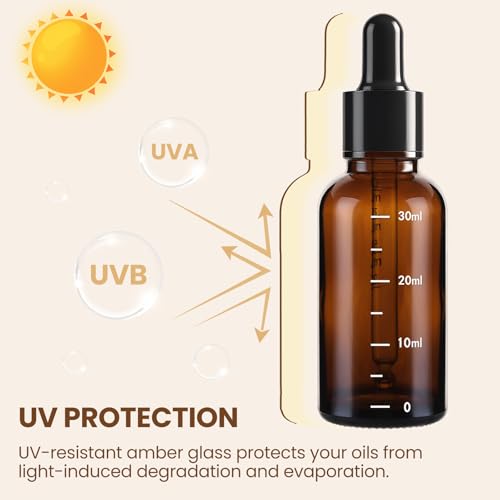 UPBUD 63 Pcs 1oz Amber Glass Dropper Bottles with Measurement, 30ml Leakproof Tincture Bottles with Funnels, Eye Droppers, Extra Caps & Labels, Refillable Empty Bottle for Tinctures, Essential Oils - color: Amber-1oz, size: 1oz