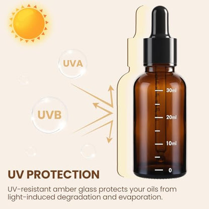 UPBUD 63 Pcs 1oz Amber Glass Dropper Bottles with Measurement, 30ml Leakproof Tincture Bottles with Funnels, Eye Droppers, Extra Caps & Labels, Refillable Empty Bottle for Tinctures, Essential Oils - color: Amber-1oz, size: 1oz