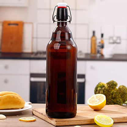 Amber Glass Bottles With Air Tight Lids 32 oz, Easy Cap for Beer and Home Brewing, Kombucha With Stoppers, Swing Top for Beverages 8 Pack