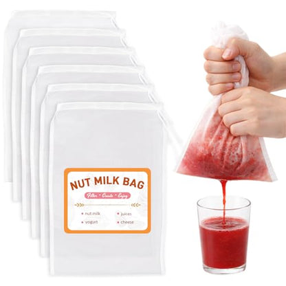 6 Pack Nut Bag Strainer 12 x 8 Inch Fine Mesh Cheese Cloth Reusable Nylon Cloth Bags for Straining 200-Mesh Strainer Bags with Drawstring for Fruit Juice, Yogurt, Coffee, Nut Milk