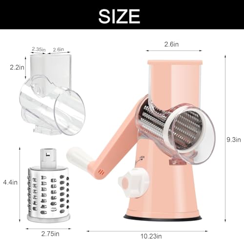 Cambom Rotary Cheese Grater Hand Crank Cheese Shredder for Fresh Cheese, Vegetable, Nuts,Non-slip Suction Base，Three Blades,Pink - color: Pink, size: 3 BLADES