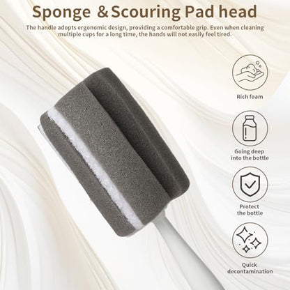 Sponge Bottle Brush Adjustable Long Handle Up to 14.5” 2-Pack | 14.5" Adjustable Long Handle; Dual-Action Scouring Pad & Sponge Head; Ultra-Powerful Cleaning; Wall Hanging with 4 Hooks