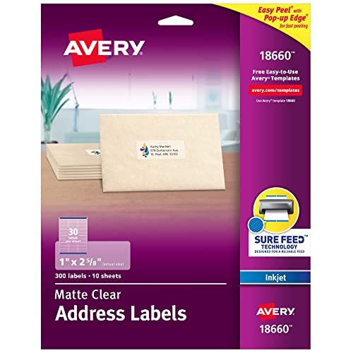 Avery Printable Address Labels with Sure Feed, 1" x 2-5/8", Matte Clear, 300 Blank Mailing Labels (18660) - size: One Size