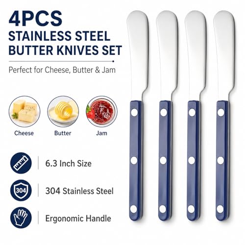 4PCS Stainless Steel Butter Knives Set: 6.3 Inch Cheese Spreader 304 Stainless Steel with Ergonomic Handle for Cheese, Butter & Jam (blue) - color: blue