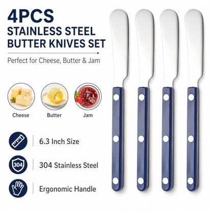 4PCS Stainless Steel Butter Knives Set: 6.3 Inch Cheese Spreader 304 Stainless Steel with Ergonomic Handle for Cheese, Butter & Jam (blue) - color: blue