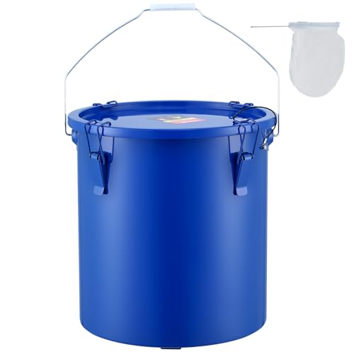 VEVOR Fryer Grease Bucket - 6 Gal Carbon Steel Oil Disposal Caddy with Rust-Proof Coating, Transport Container with Lid, Lock Clips, Filter Bag for Hot Cooking Oil Filtering - color: Blue, size: 6 Gallon