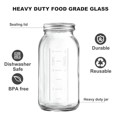64 OZ Wide Mouth Mason Jars with Lids, Heavy Duty Glass Airtight Storage Canning Jar and Band Half Gallon / 2 Quart, Set of 3