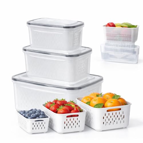 4-in-1 Produce Saver Containers - Fresh Berry Keeper with Removable Colander & Airtight Lid - Stackable Fruit and Vegetable Fridge Organizer Bins - BPA-Free Plastic Food Storage (3pcs) - color: 3pcs