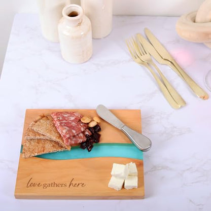 Pavilion Gift Company - Love Gathers Here - 9" x 7" Serving Cheese Bread Wooden & Resin Board With Brushed Silver Spreader Knife Set Housewarming Hostess Host Charcuterie Gift Present