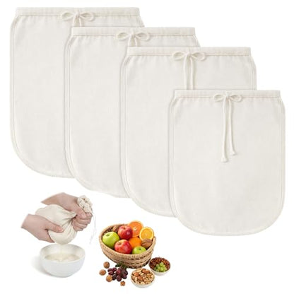 4Pcs Cheese Cloth Bag for Straining, Unbleached Cotton Nut Milk Bag Reusable 80 Mesh Muslin Strainer Bags for Straining Fruit Juice, Yogurt, Coffee(3 of 12 x 12Inch, 1 of 8 x 10Inch)