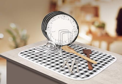 Ramanta Home Buffalo Plaid Check Dish Drying Mat Set of 2 Black - 16x18 Inches, Cotton Top Cover Absorbent Dish-Drying Mats For Sink, Dishwasher | Foldable Kitchen Countertop Protector Dishes Pad - color: Black-White