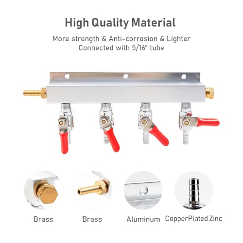 4-Way Gas Manifold CO2 Distributor Manifold 5/16 inch Barb/Stem Splitter Beer Integrated Check Valves Homebrew Beer Making Brewing Tool-CO2 gas input at LEFT side+5CLAMPS - color: 4WAY,GAS INPUT AT LEFT