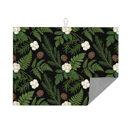 Kitchen Drying Mat for Countertop Forest Botanical Pinecone Pattern Non-Slip Kitchen Counter Mat for Dishes Glassware - color: Dark Green Ivory