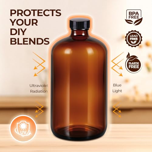 6 Pack 32 oz Amber Glass Bottles with Lids, Boston Round Glass Bottles with Black Caps for Secondary Kombucha Fermentation and Lab Chemicals