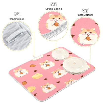 Kcldeci Cute Little Hamsters Eating Cheese Dish Drying Mat Kitchen Counter Mat Draining Mat Kitchen Accessories Dish Rack Pad for Dishes, Utensils, Countertops, Sinks 16x18in - size: 16x18in