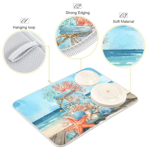 Kcldeci Dish Drying Mat for Kitchen Counter,Mason Jar with Coral Absorbent Dish Drainer Dish Drying Pad for Countertops,Sinks,Draining Racks 16x18in - size: 16x18in