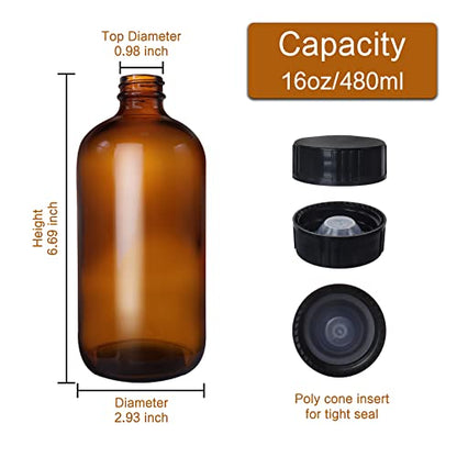 12 Pack 16 oz Amber Boston Round Glass Bottles with Black Caps for Secondary Kombucha Fermentation and Lab Chemicals (2 Funnels and 20 Pieces Black Chalkboard Labels Included)