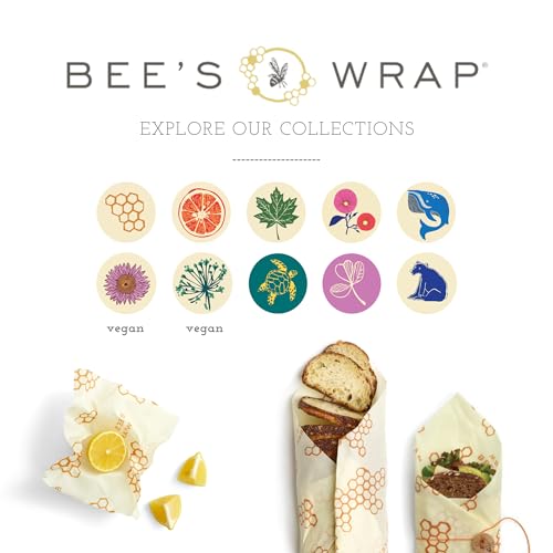 Bee's Wrap Vegan Beeswax Wraps for Food - 3 Pack of Assorted Beeswax Wraps - Small, Medium & Large Wrap - Plastic Free Made in USA Reusable Natural Food Wrap - Herb Garden Print - style: 3 Pack (Vegan Herb Garden)