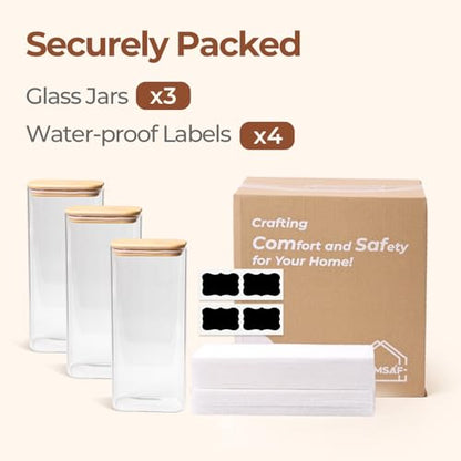 ComSaf 2 Qt Rectangle Glass Storage Containers with Lids, Glass Jars with Bamboo Lids, Clear Food Jar, Square Canister Set of 3, Pantry Organizers and Storage for Flour Pasta Coffee Bean - size: 2 Qt-3Pcs