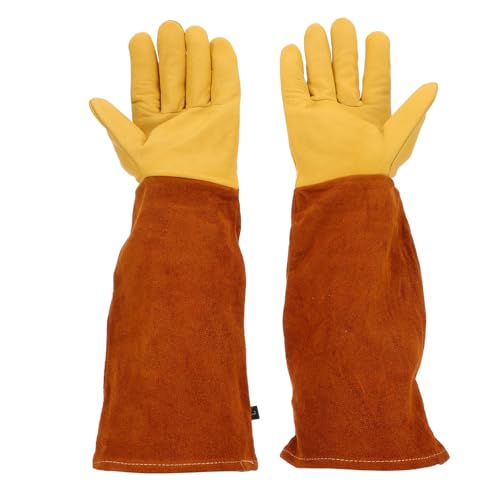 Leather Garden Gloves for Rose Pruning and Beekeeping Thorn and Puncture Resistant Long Sleeve Gloves with Gold Goat Skin Palm and Brown Cowhide Sleeve Size L