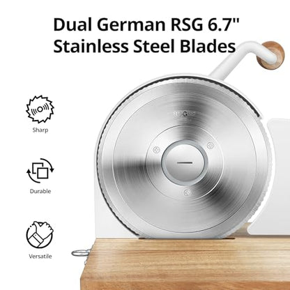 Foldable Manual Bread Slicer with Dual German RSG Blades, Homemade & Sourdough Bread, Adjustable Thickness & Scale, Hand Crank Cutter, Durable Aluminum Alloy Body & Acacia Wood Base